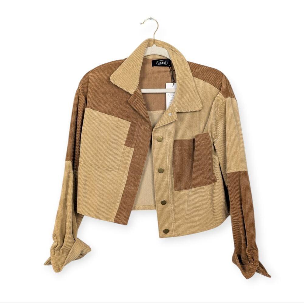 Cider Corduroy Jacket L Brown Tan Colorblock Cropped Casual Trendy NWT